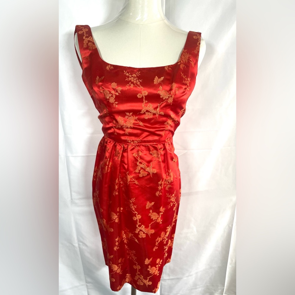 Red & Gold Chinese brocade silky 2-piece pencil dress & cropped jacket size XS - Picture 15 of 16